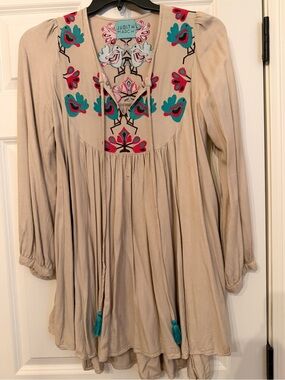 Judith March Beige Mini Dress with Teal and Pink Embroidery